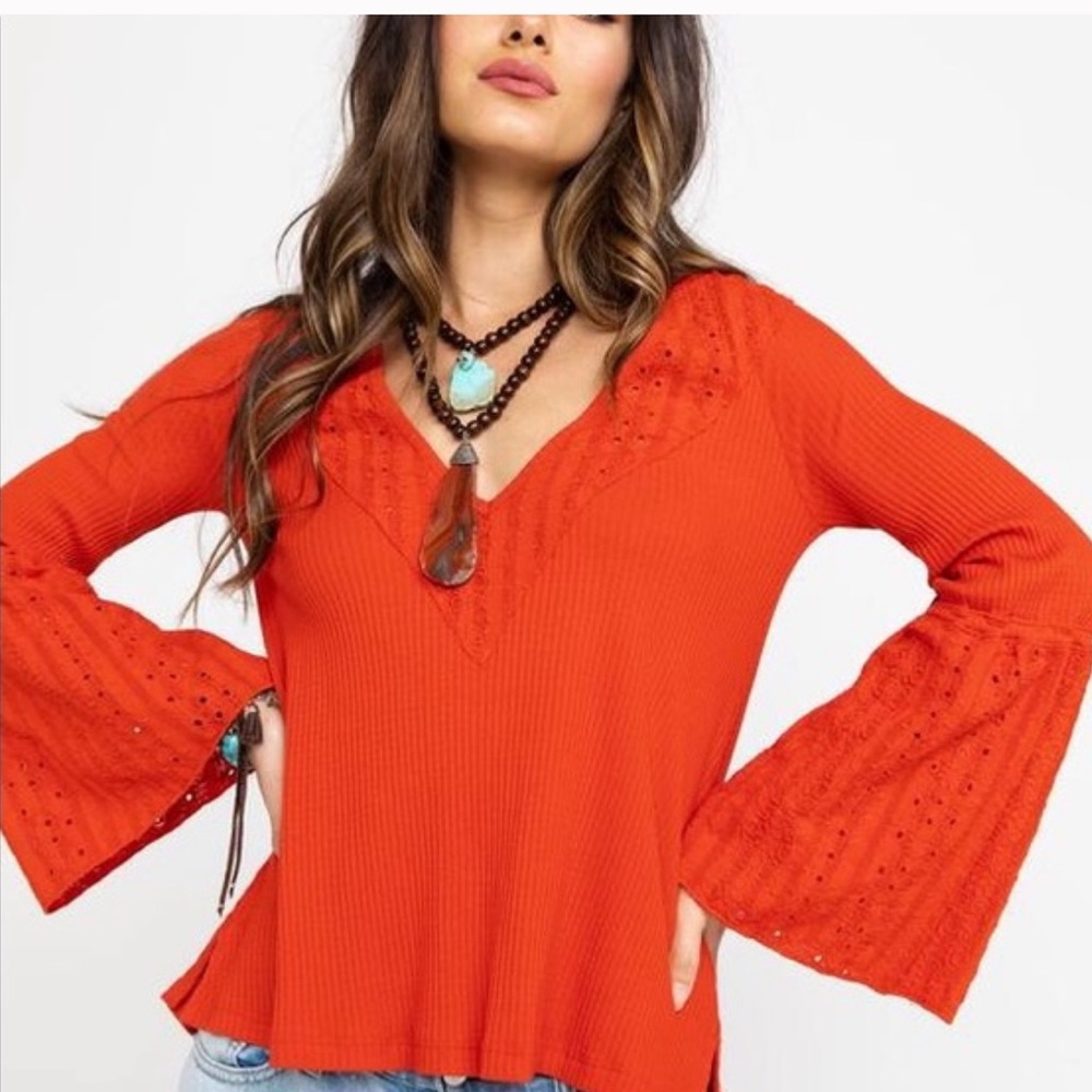 Free People Parisian Nights Orange Bell Sleeve Top
